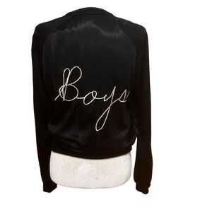 Reformation Satin Bomber Black Jacket XS/S Womens Embroidered Boys on Back sexy